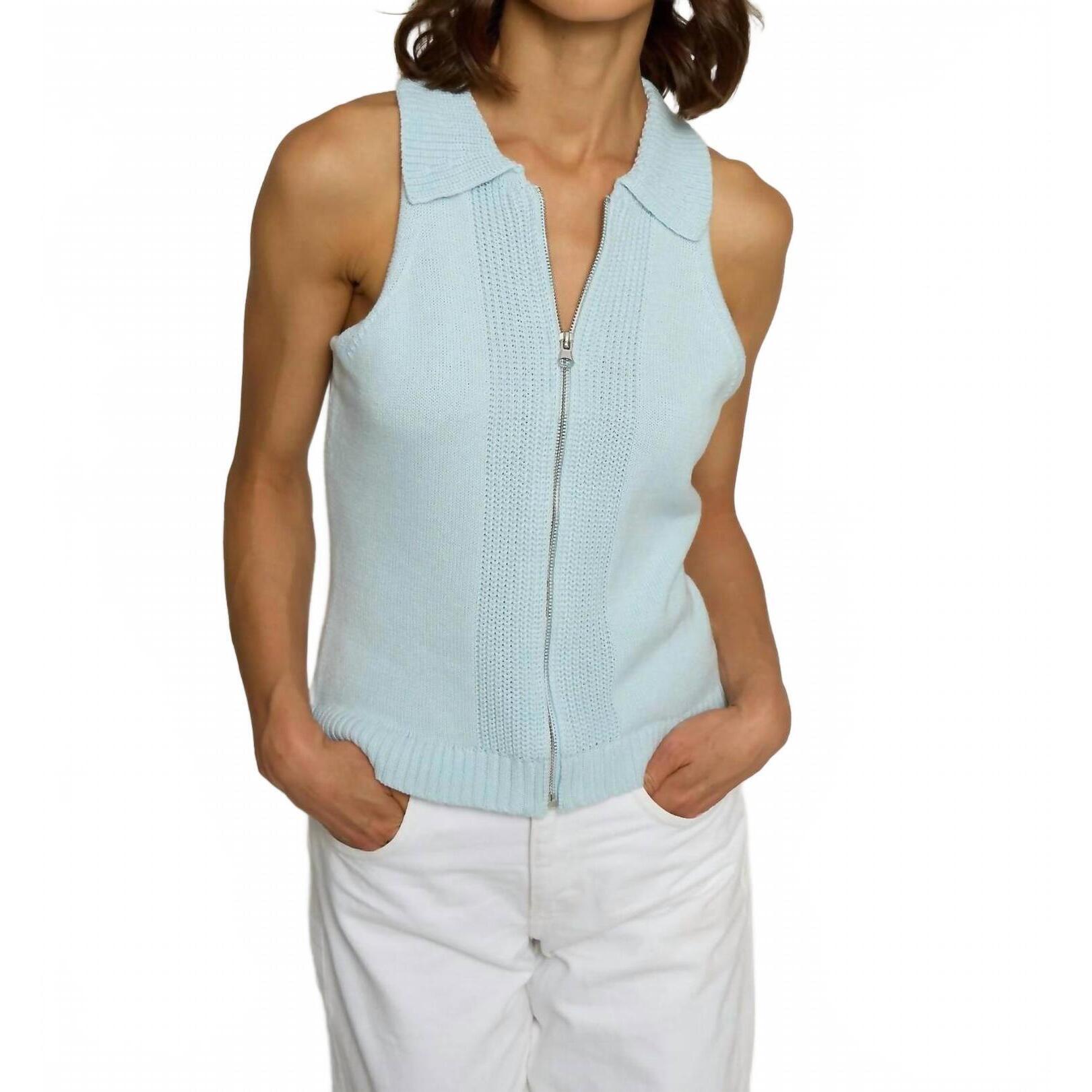 New Central Park West Zip Up Sleeveless Polo Top In Blue